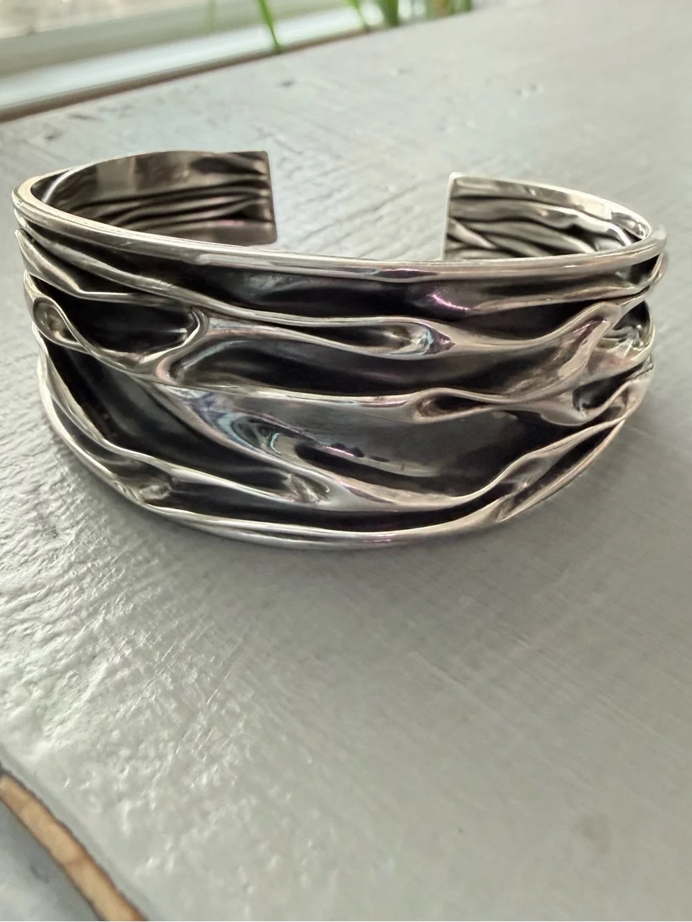 925 Sterling Silver Textured Wave Cuff Bracelet